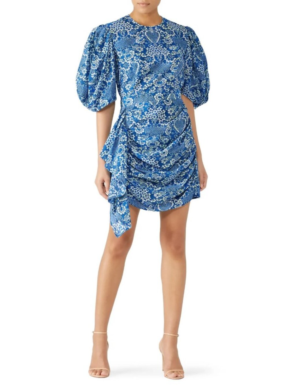 Rhode Women's Blue Floral Pia Dress Puff Sleeve Mini Length ize Medium Draped